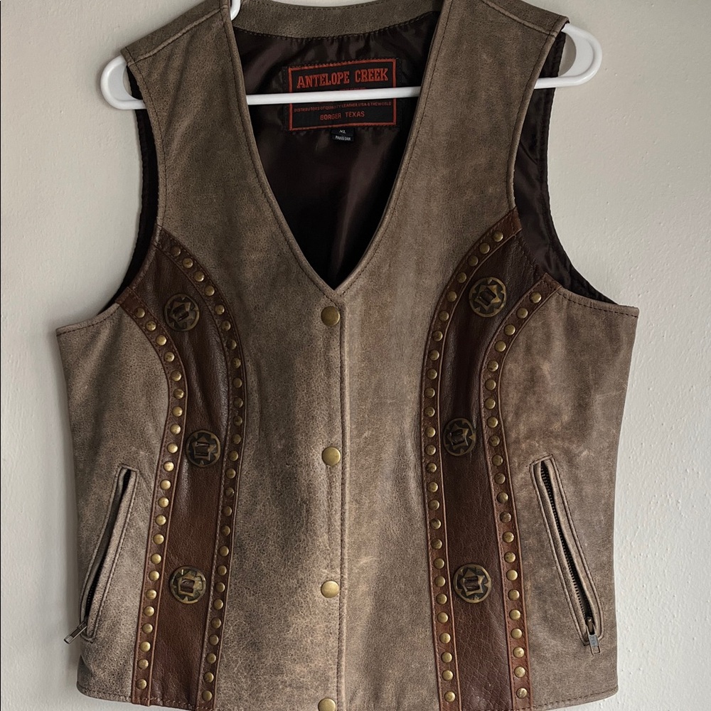 100% Genuine Antelope Creek Leather Jacket in Brown and Gray/Conchos